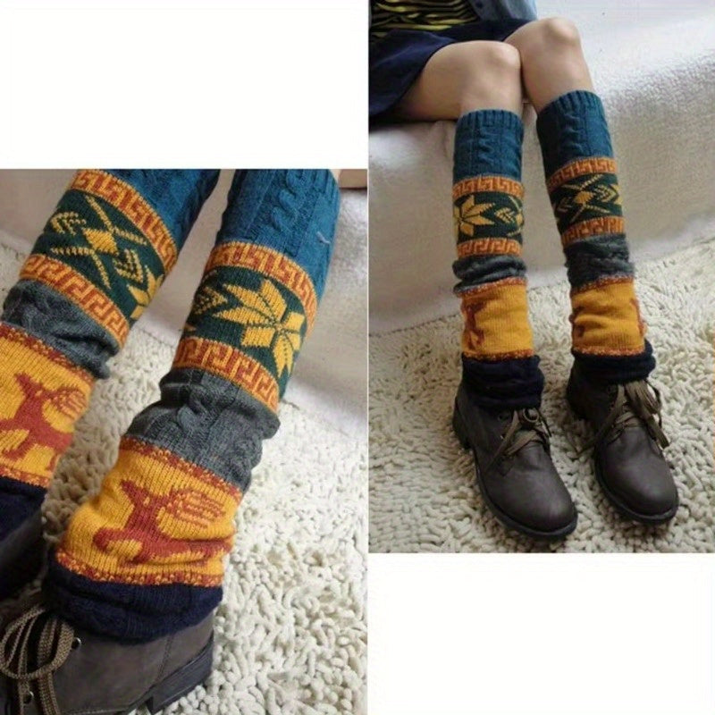 1 Pair Women's Christmas Deer & Snowflake Crochet Knee-High Socks - Stretchy Winter Boot Socks with Leg Warmers, Multi-Color Festive Patterns, Hand Wash Only, Christmas Socks SS69