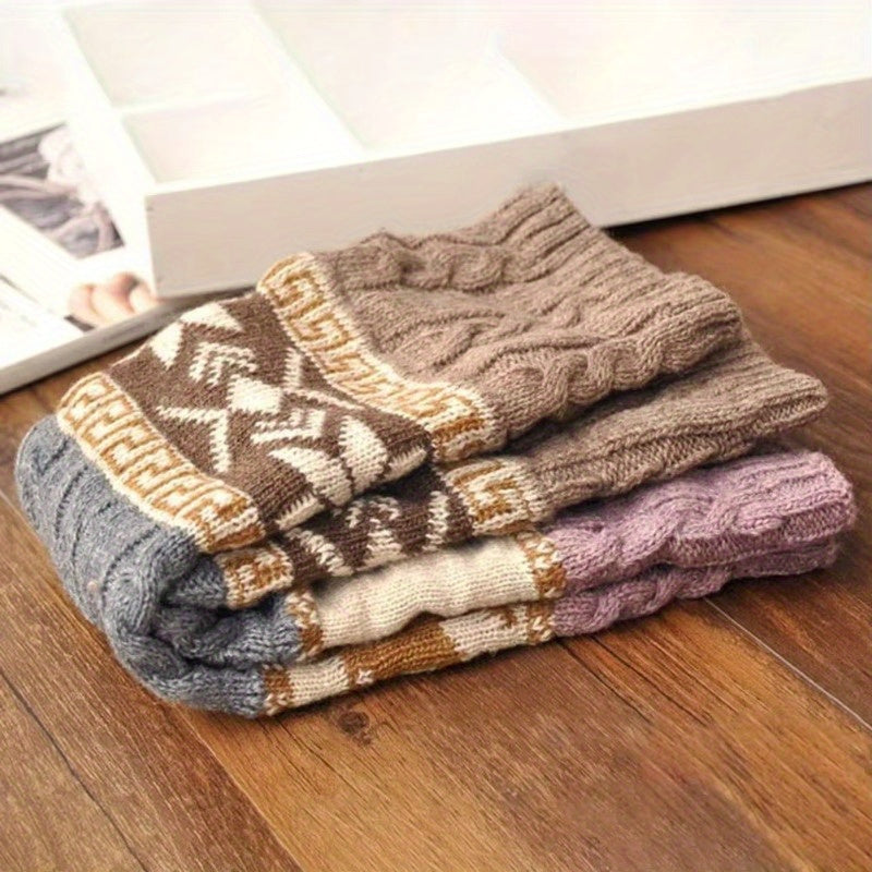 1 Pair Women's Christmas Deer & Snowflake Crochet Knee-High Socks - Stretchy Winter Boot Socks with Leg Warmers, Multi-Color Festive Patterns, Hand Wash Only, Christmas Socks SS69