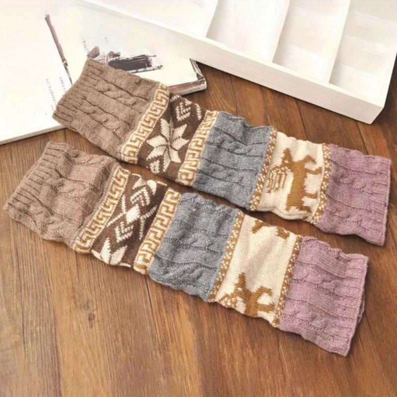 1 Pair Women's Christmas Deer & Snowflake Crochet Knee-High Socks - Stretchy Winter Boot Socks with Leg Warmers, Multi-Color Festive Patterns, Hand Wash Only, Christmas Socks SS69