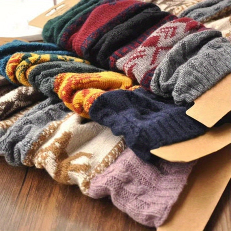 1 Pair Women's Christmas Deer & Snowflake Crochet Knee-High Socks - Stretchy Winter Boot Socks with Leg Warmers, Multi-Color Festive Patterns, Hand Wash Only, Christmas Socks SS69