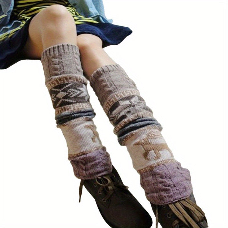 1 Pair Women's Christmas Deer & Snowflake Crochet Knee-High Socks - Stretchy Winter Boot Socks with Leg Warmers, Multi-Color Festive Patterns, Hand Wash Only, Christmas Socks SS69