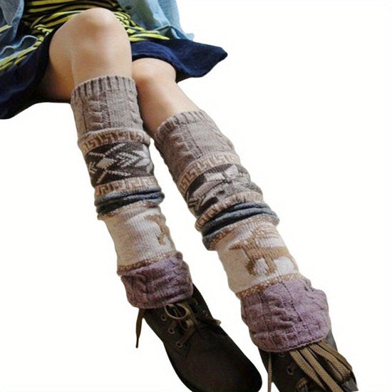 1 Pair Women's Christmas Deer & Snowflake Crochet Knee-High Socks - Stretchy Winter Boot Socks with Leg Warmers, Multi-Color Festive Patterns, Hand Wash Only, Christmas Socks SS69