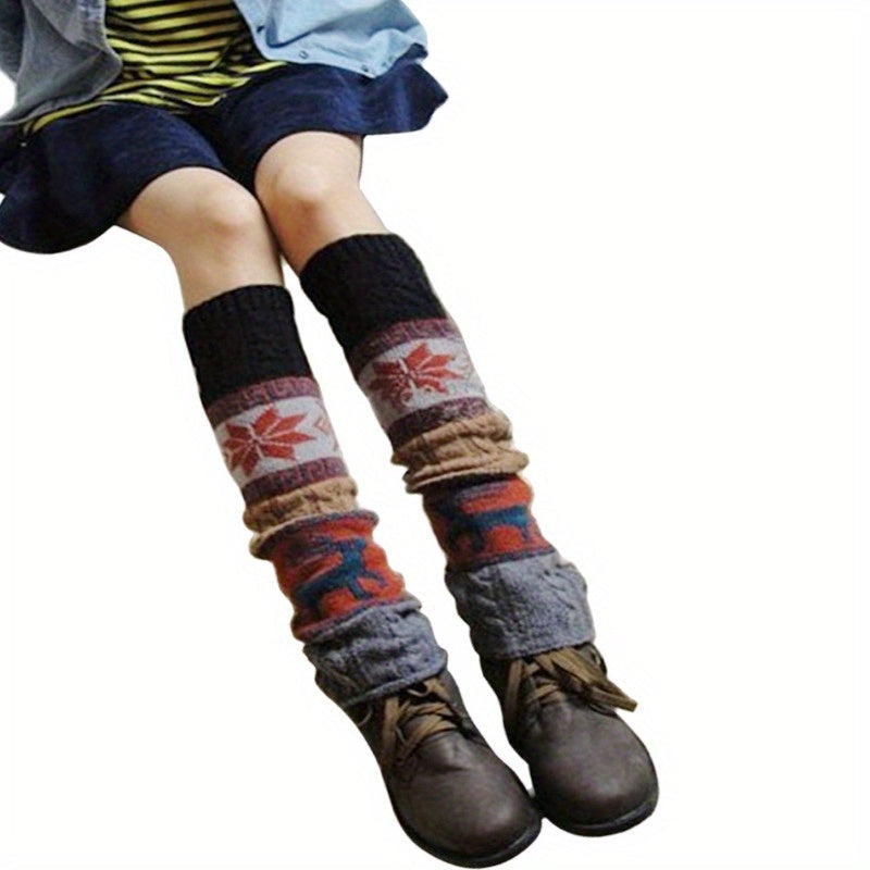 1 Pair Women's Christmas Deer & Snowflake Crochet Knee-High Socks - Stretchy Winter Boot Socks with Leg Warmers, Multi-Color Festive Patterns, Hand Wash Only, Christmas Socks SS69