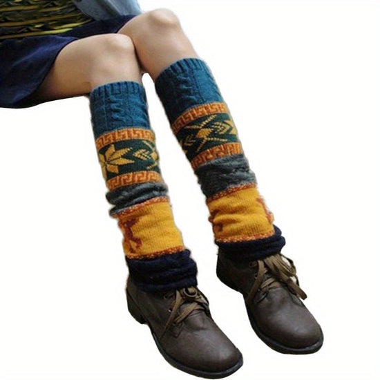 1 Pair Women's Christmas Deer & Snowflake Crochet Knee-High Socks - Stretchy Winter Boot Socks with Leg Warmers, Multi-Color Festive Patterns, Hand Wash Only, Christmas Socks SS69