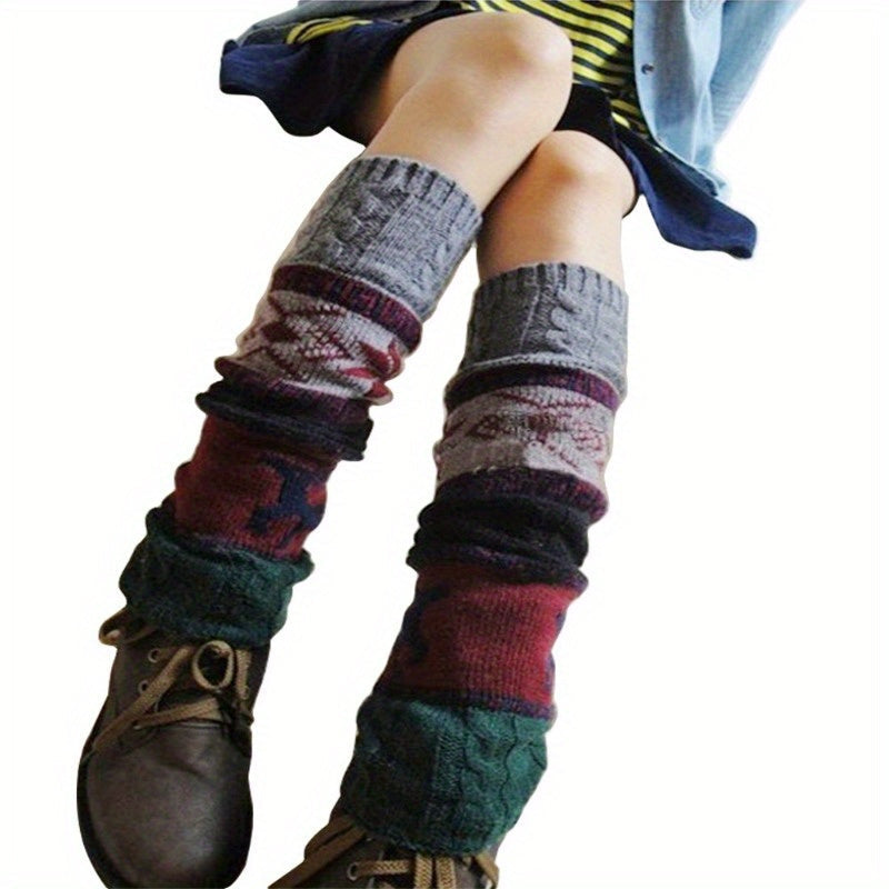 1 Pair Women's Christmas Deer & Snowflake Crochet Knee-High Socks - Stretchy Winter Boot Socks with Leg Warmers, Multi-Color Festive Patterns, Hand Wash Only, Christmas Socks SS69