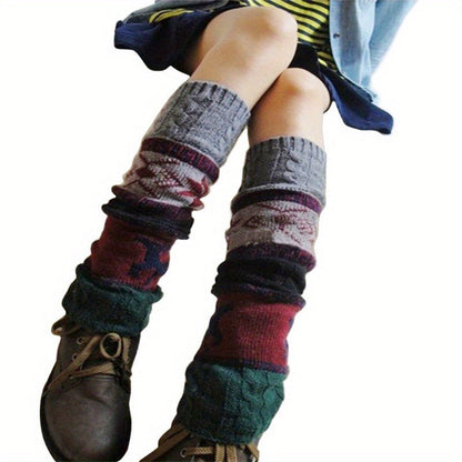 1 Pair Women's Christmas Deer & Snowflake Crochet Knee-High Socks - Stretchy Winter Boot Socks with Leg Warmers, Multi-Color Festive Patterns, Hand Wash Only, Christmas Socks SS69