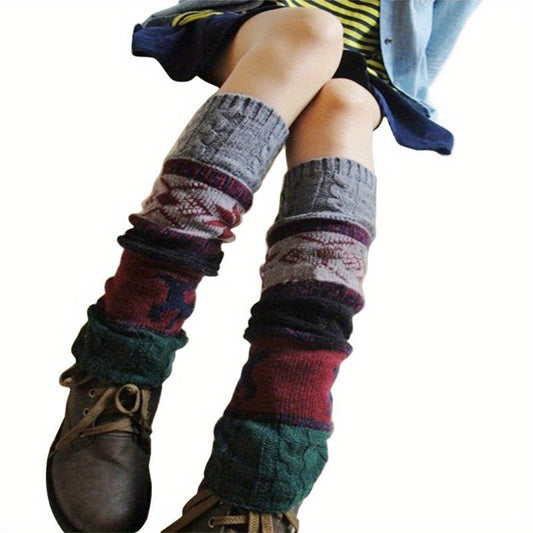 1 Pair Women's Christmas Deer & Snowflake Crochet Knee-High Socks - Stretchy Winter Boot Socks with Leg Warmers, Multi-Color Festive Patterns, Hand Wash Only, Christmas Socks SS69