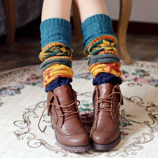 1 Pair Women's Christmas Deer & Snowflake Crochet Knee-High Socks - Stretchy Winter Boot Socks with Leg Warmers, Multi-Color Festive Patterns, Hand Wash Only, Christmas Socks SS69