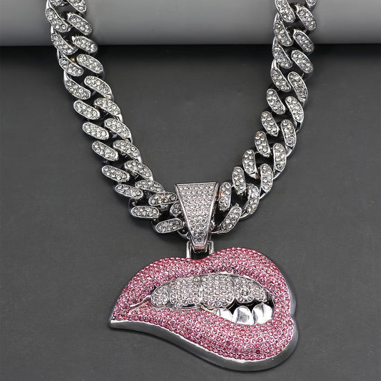 1 PCS Shiny Lip Pendant with Ice Cuban Chain Miami Necklace Men's and Women's Hip Hop Pendant Necklace SS69 11.69 Silvery / 50cm/19.69in