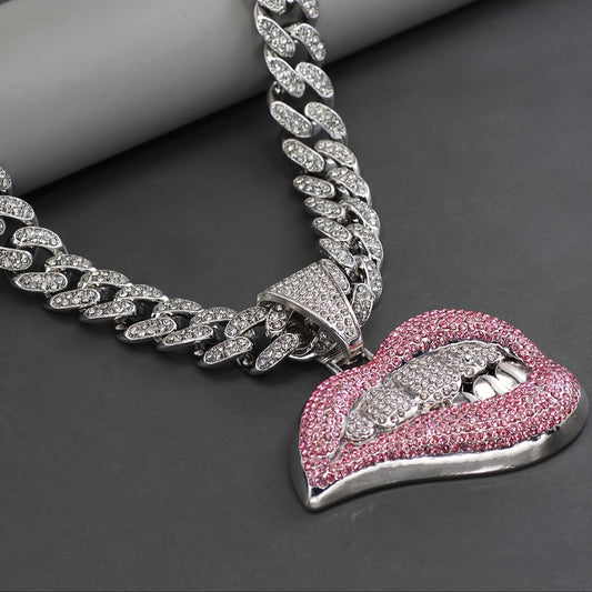 1 PCS Shiny Lip Pendant with Ice Cuban Chain Miami Necklace Men's and Women's Hip Hop Pendant Necklace SS69