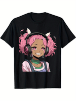 Anime and Music Black Girl Anime Merch Afro African American T-Shirt Cotton Fun Design DIY Men's Soft breathable Summer and winter comfortable casual sports Halloween and Christmas gifts SS69