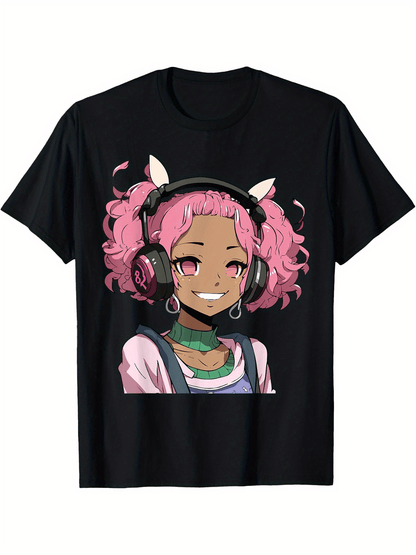 Anime and Music Black Girl Anime Merch Afro African American T-Shirt Cotton Fun Design DIY Men's Soft breathable Summer and winter comfortable casual sports Halloween and Christmas gifts SS69