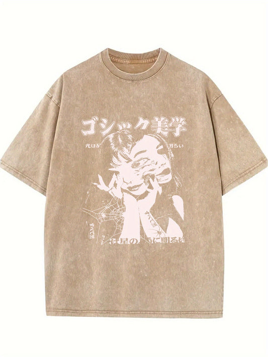 Men's Gothic Japanese Abstract Print T-Shirt - Retro Washed 100% Cotton, Loose Fit Summer Tee for Casual & Outdoor Activities, Vintage Graphic Design, Relaxed Style, Perfect for Casual Attire, Vintage T Shirts SS69