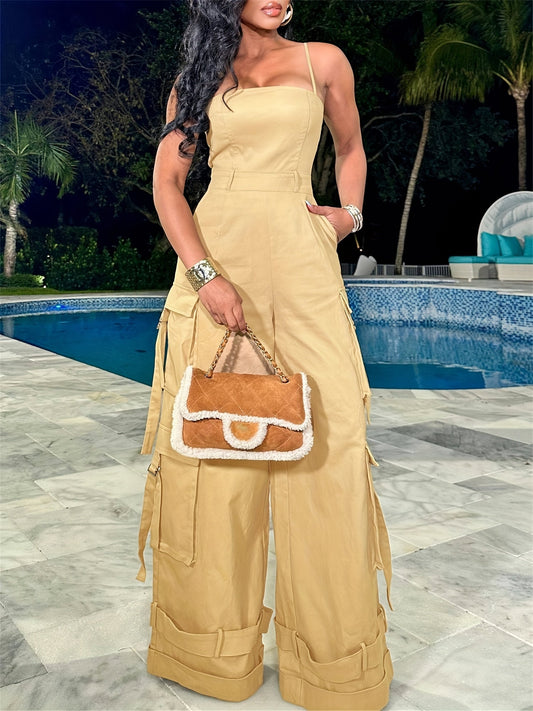 Women'S Y2K Wide-Leg Cargo Jumpsuit - Summer Utility Romper With Multi-Pockets And Spaghetti Straps | Casual Street Style Overalls For Outdoor Adventures/Urban Exploring (Adjustable Spaghetti Straps) SS69
