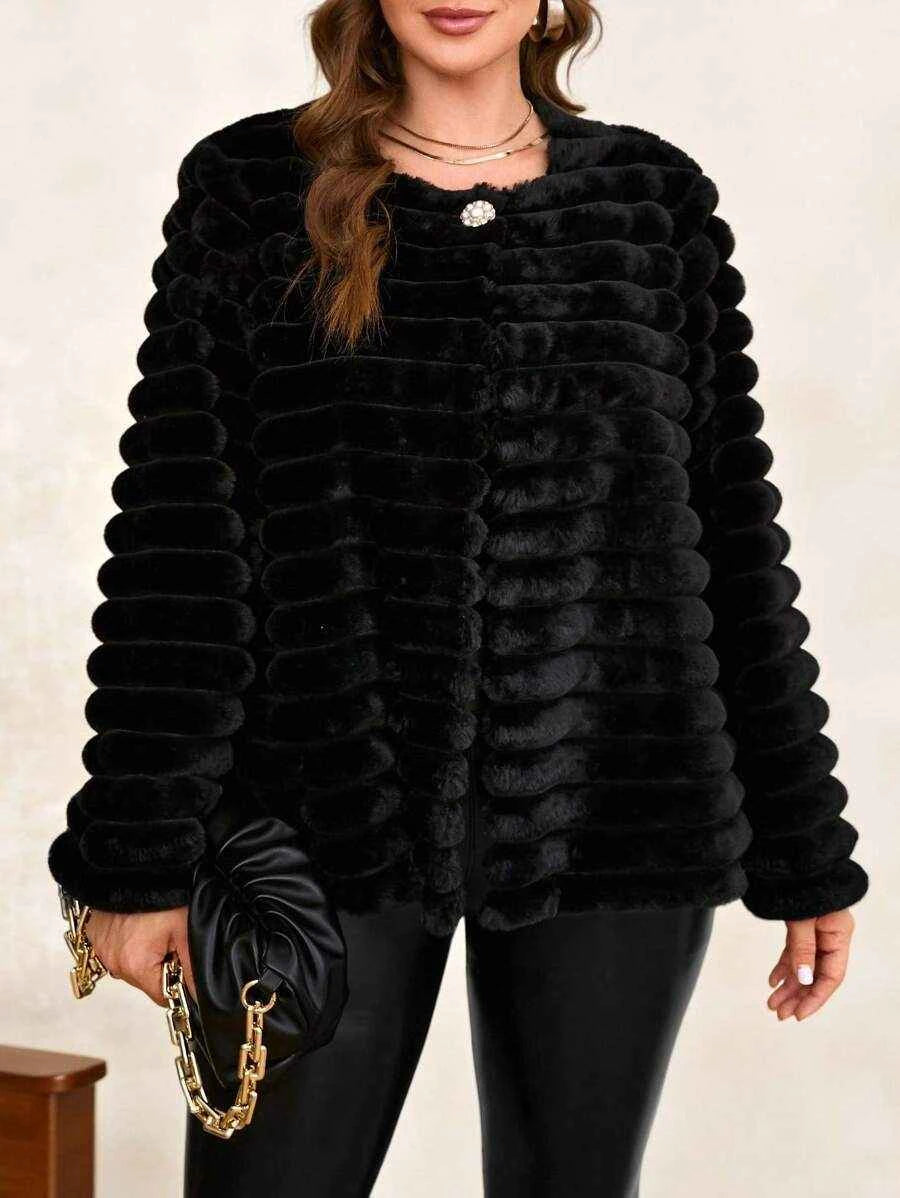 Chikora Women's Oversized Faux Fur Jacket with Long Sleeves and Open Front