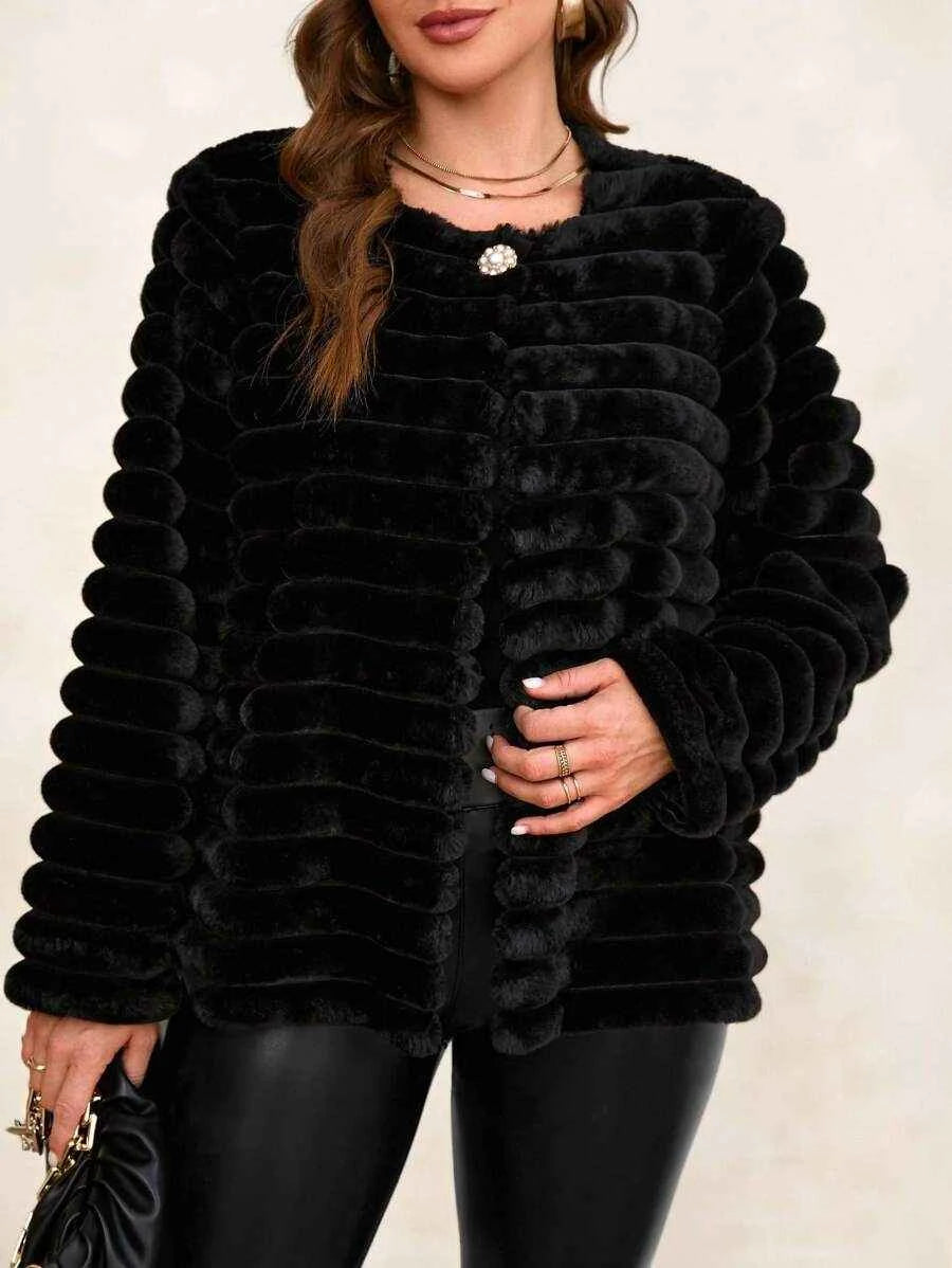 Chikora Women's Oversized Faux Fur Jacket with Long Sleeves and Open Front