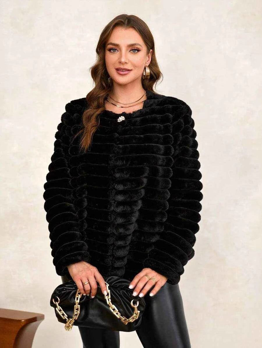 Chikora Women's Oversized Faux Fur Jacket with Long Sleeves and Open Front