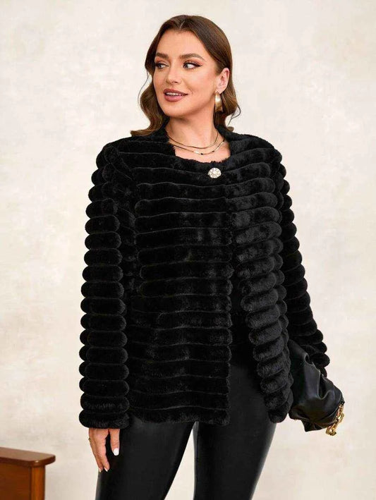 Chikora Women's Oversized Faux Fur Jacket with Long Sleeves and Open Front