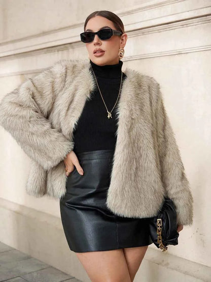 Chikora Women's Oversized Faux Fur Jacket with Long Sleeves and Open Front