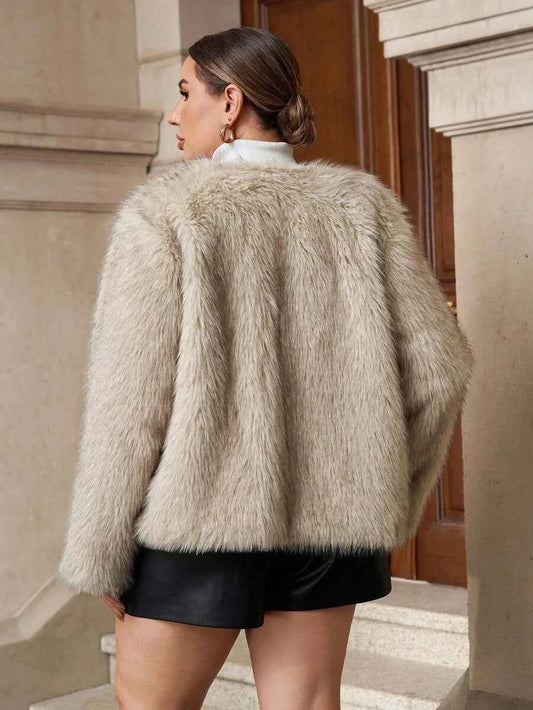 Chikora Women's Oversized Faux Fur Jacket with Long Sleeves and Open Front