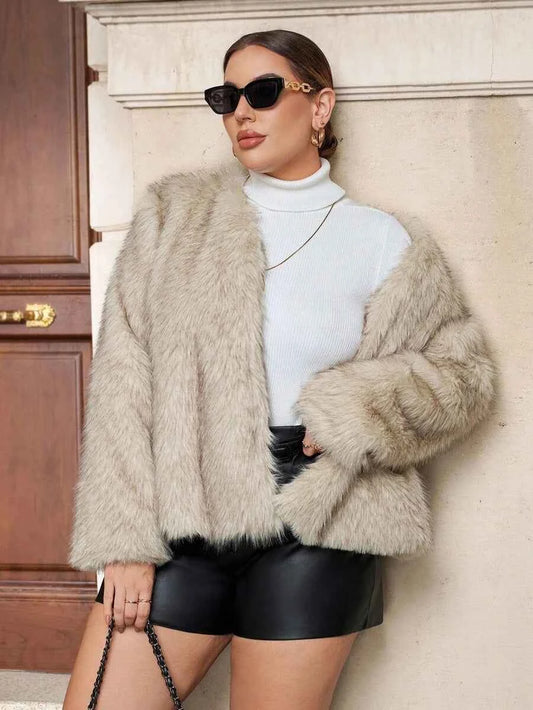 Chikora Women's Oversized Faux Fur Jacket with Long Sleeves and Open Front