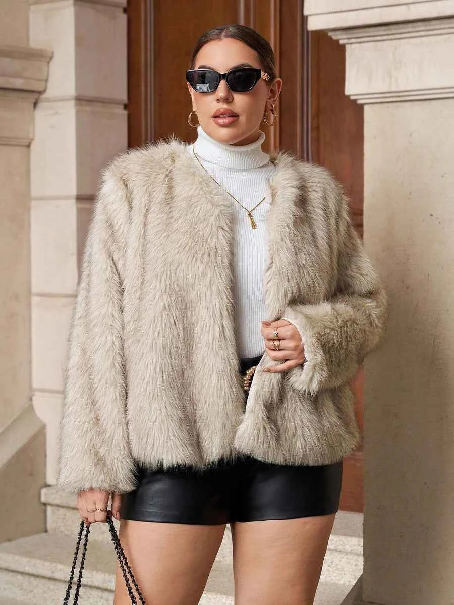 Chikora Women's Oversized Faux Fur Jacket with Long Sleeves and Open Front