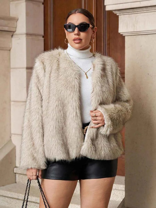 Chikora Women's Oversized Faux Fur Jacket with Long Sleeves and Open Front