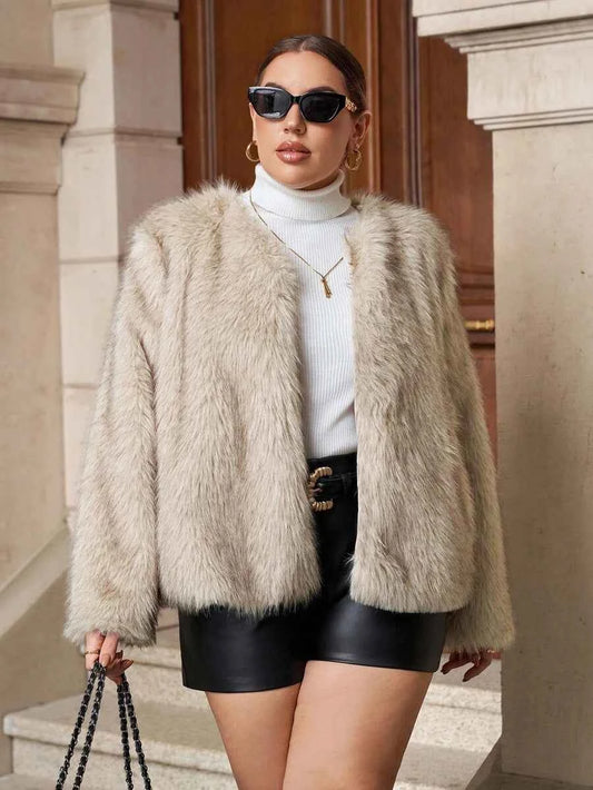 Chikora Women's Oversized Faux Fur Jacket with Long Sleeves and Open Front
