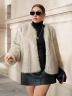 Chikora Women's Oversized Faux Fur Jacket with Long Sleeves and Open Front