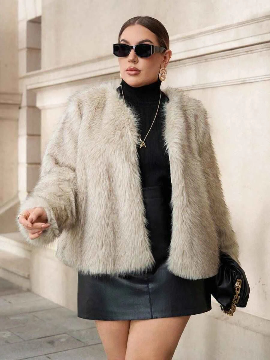 Chikora Women's Oversized Faux Fur Jacket with Long Sleeves and Open Front