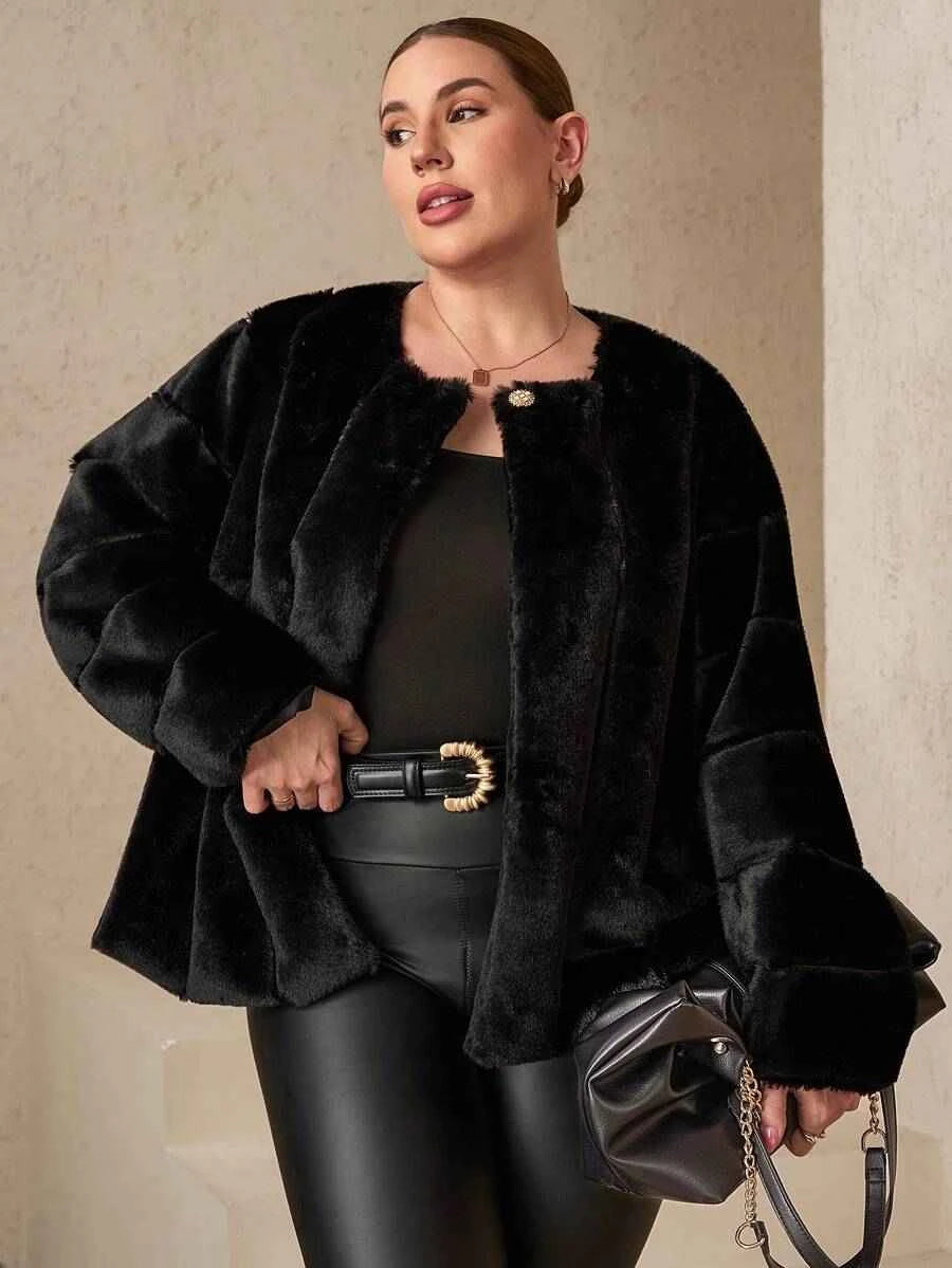 Chikora Women's Oversized Faux Fur Jacket with Long Sleeves and Open Front