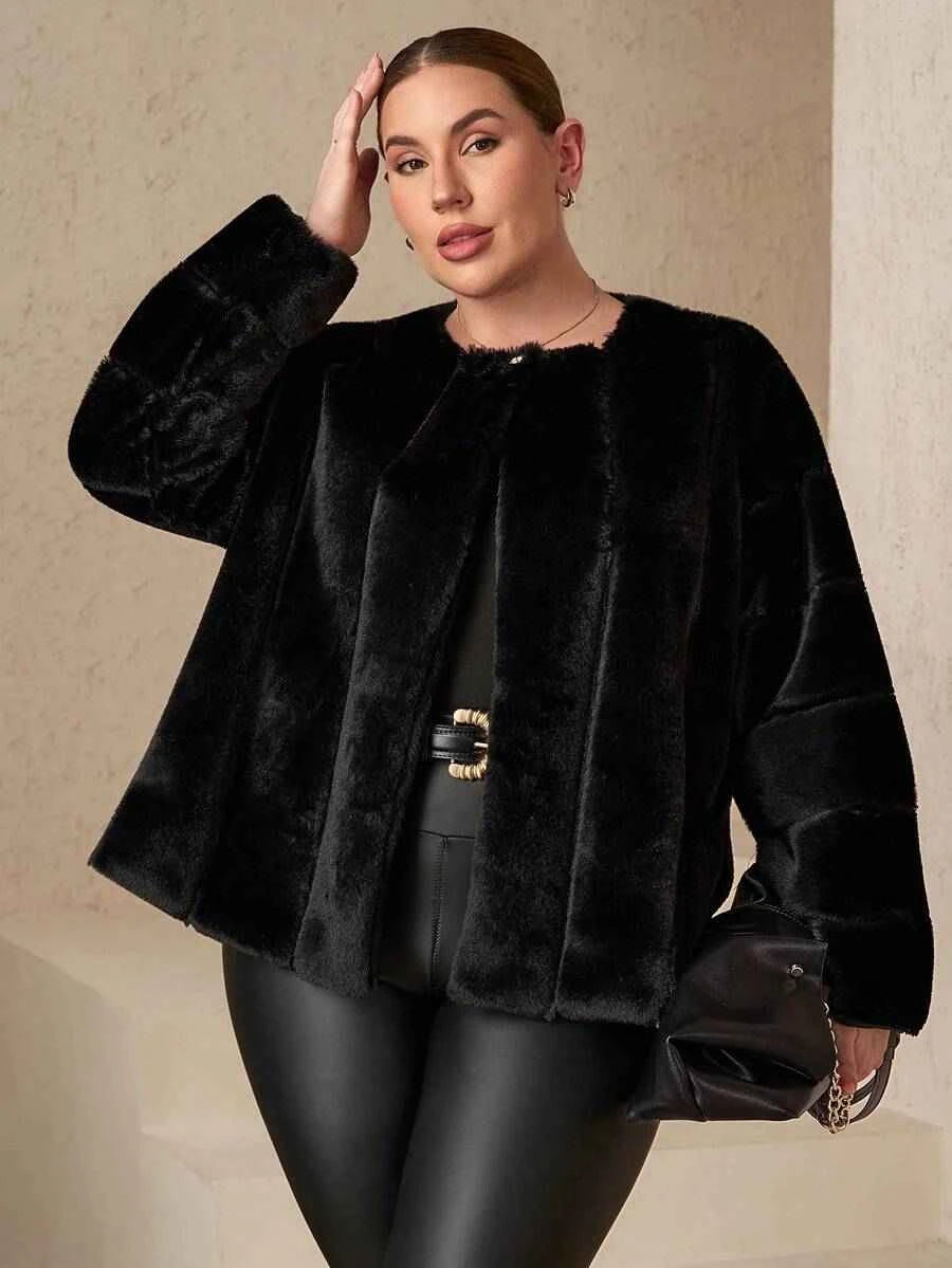 Chikora Women's Oversized Faux Fur Jacket with Long Sleeves and Open Front