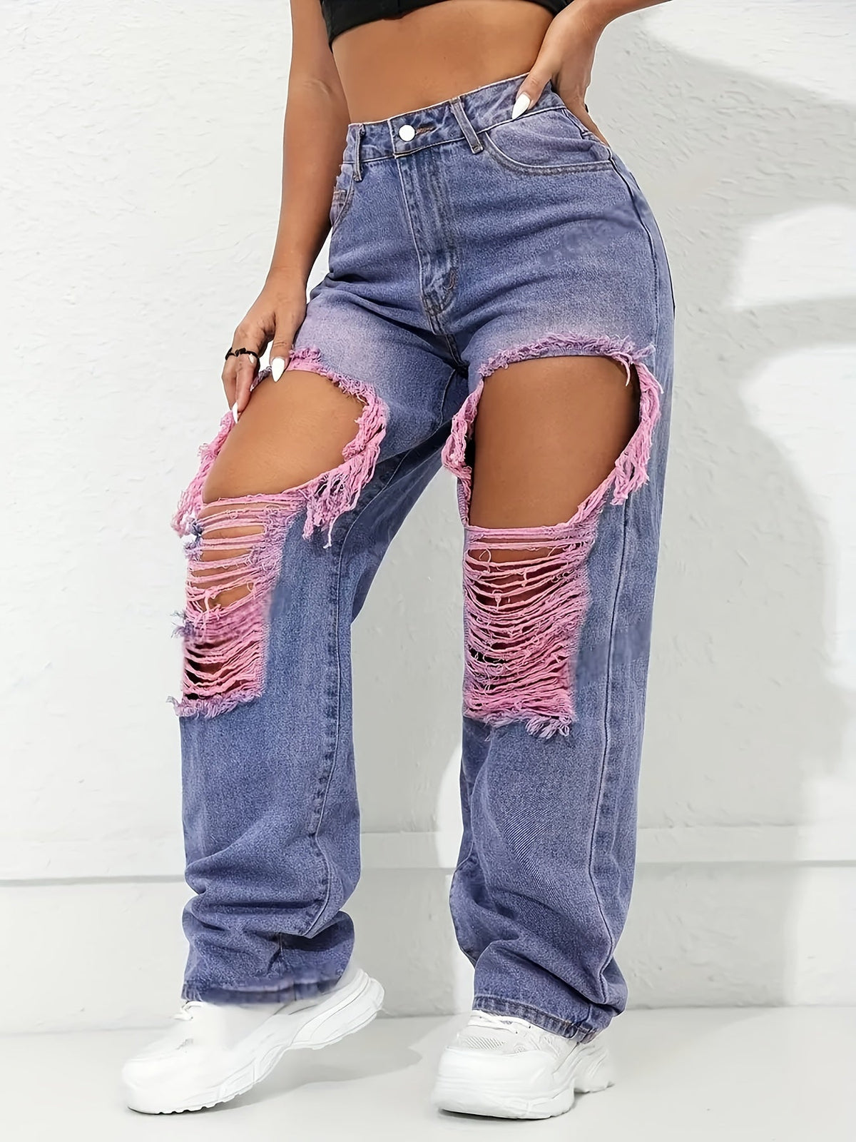 Trendy Retro High-Waisted Ripped Wide-Leg Jeans for Women - Distressed Denim with Pink Frayed Hems, Mid-Rise, Loose Fit, Machine Washable, All-Season Casual Wear SS69