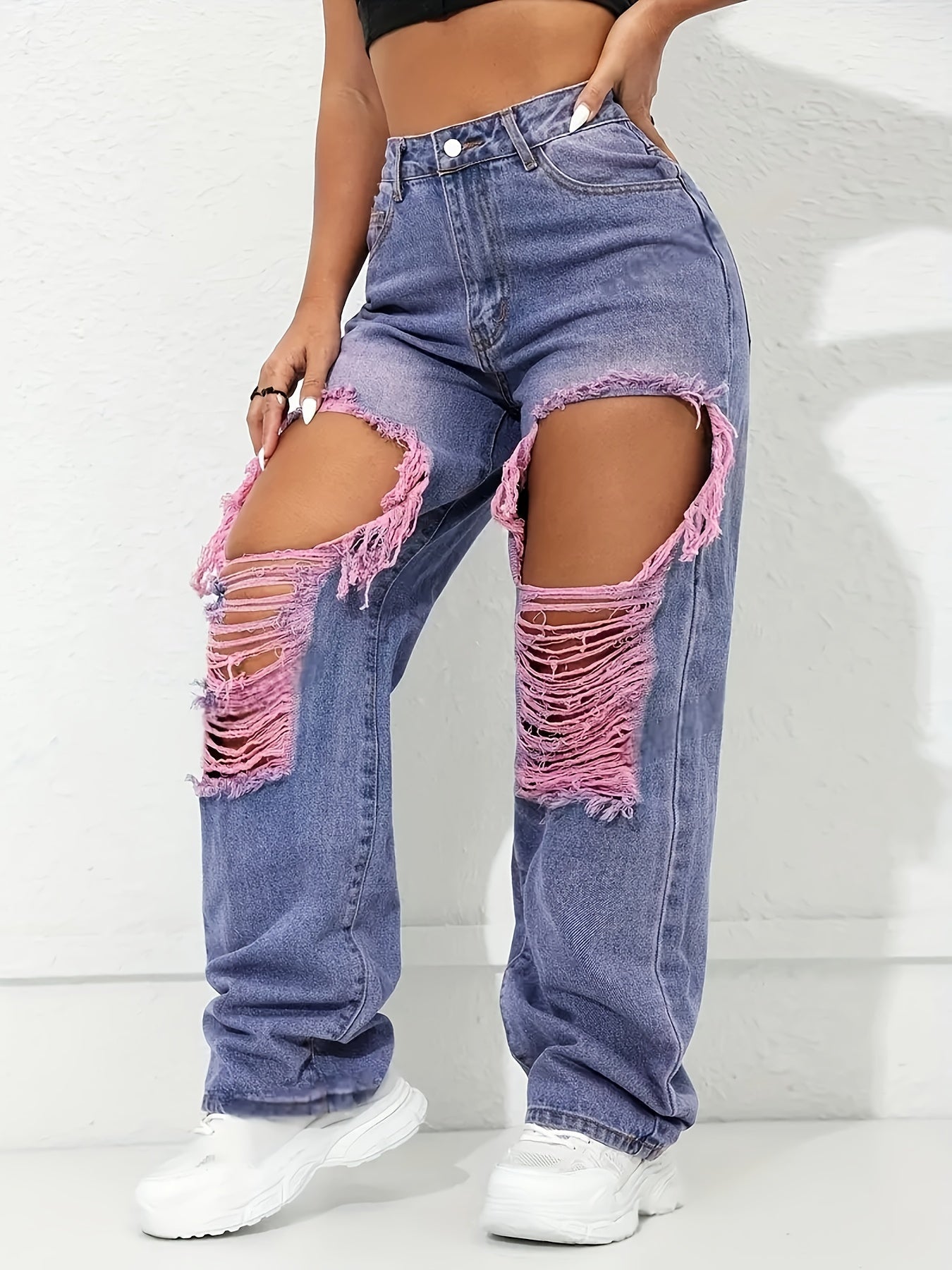 Trendy Retro High-Waisted Ripped Wide-Leg Jeans for Women - Distressed Denim with Pink Frayed Hems, Mid-Rise, Loose Fit, Machine Washable, All-Season Casual Wear SS69