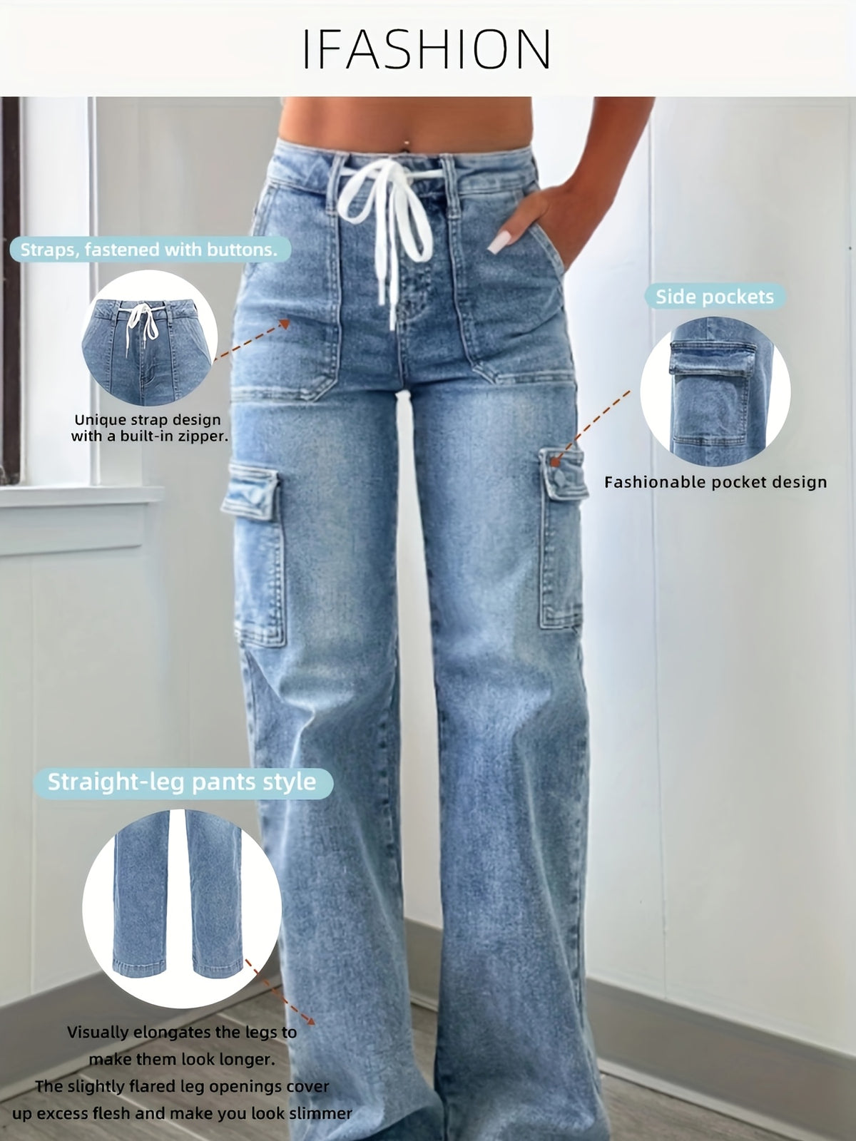 2025 New Style Women'S Leisure Straight-leg Jeans With Laces And Multiple Pockets. Casual Fashion Denim Fabric Sweatpants Jeans Fit Womenswear - SS69 