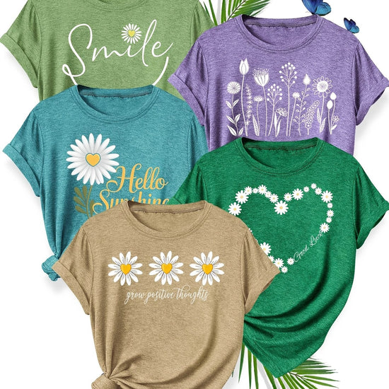 5pcs Women'S Casual Crew Neck Short Sleeve T-Shirts - Floral, Heart, and Smile Print Designs in Purple, Green, Pink, and Blue - Soft Stretch Fabric for Spring, Summer, and Fall, Plus Sizes Available, Plus Size Tee | Floral Pr SS69 48.69 Grass Green Peacock Blue Khaki Purple Dark Green /