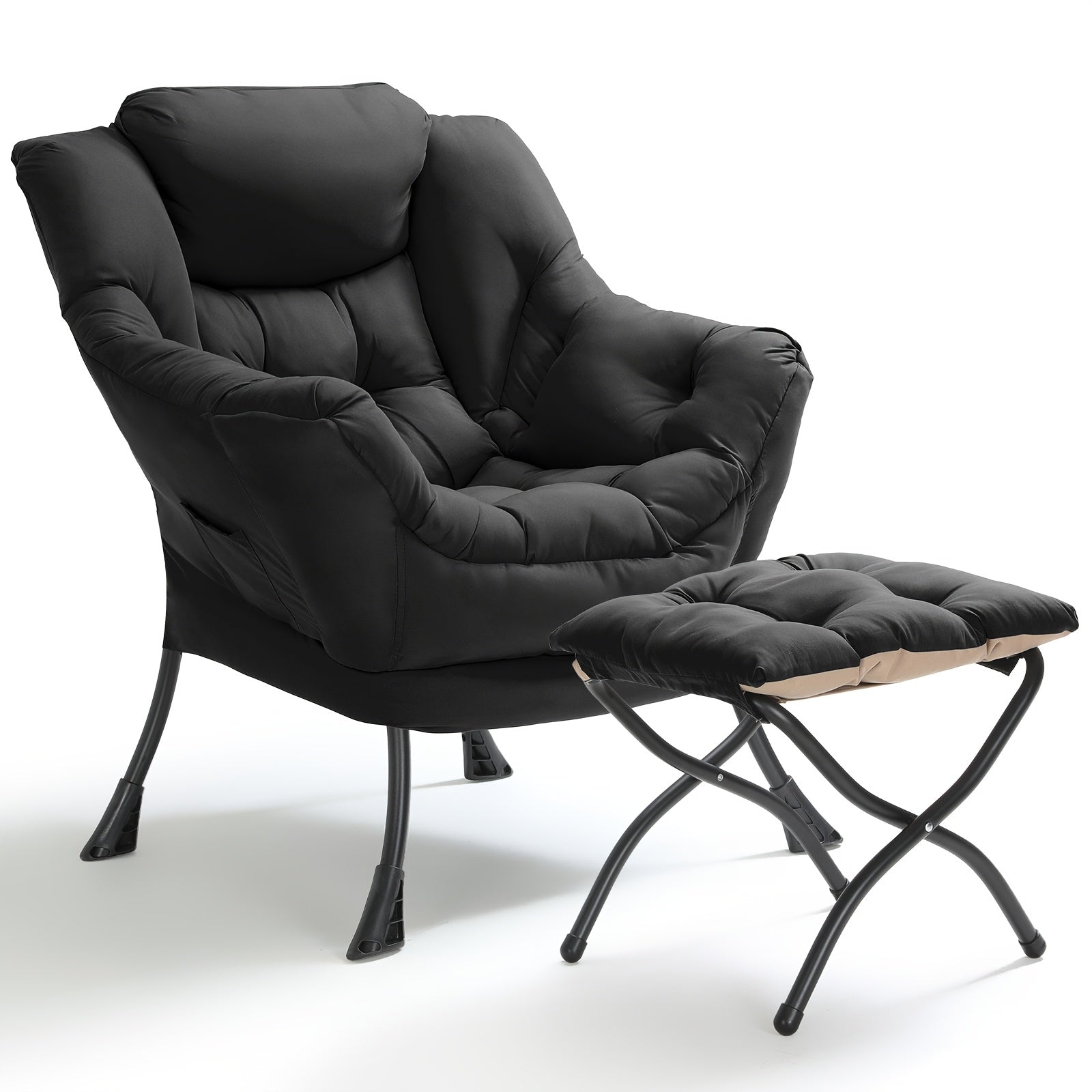 Lazy Chair with Foldable Ottoman, Modern Comfy Lounge Chair, Large Sofa Armchair with Footrest And A Side Pocket, Leisure Reading Chair with Footstool for Bedroom, Living Room, Dorm, Black, Bedroom Seating, Dorm Room Furnitur SS69 103.69 Black