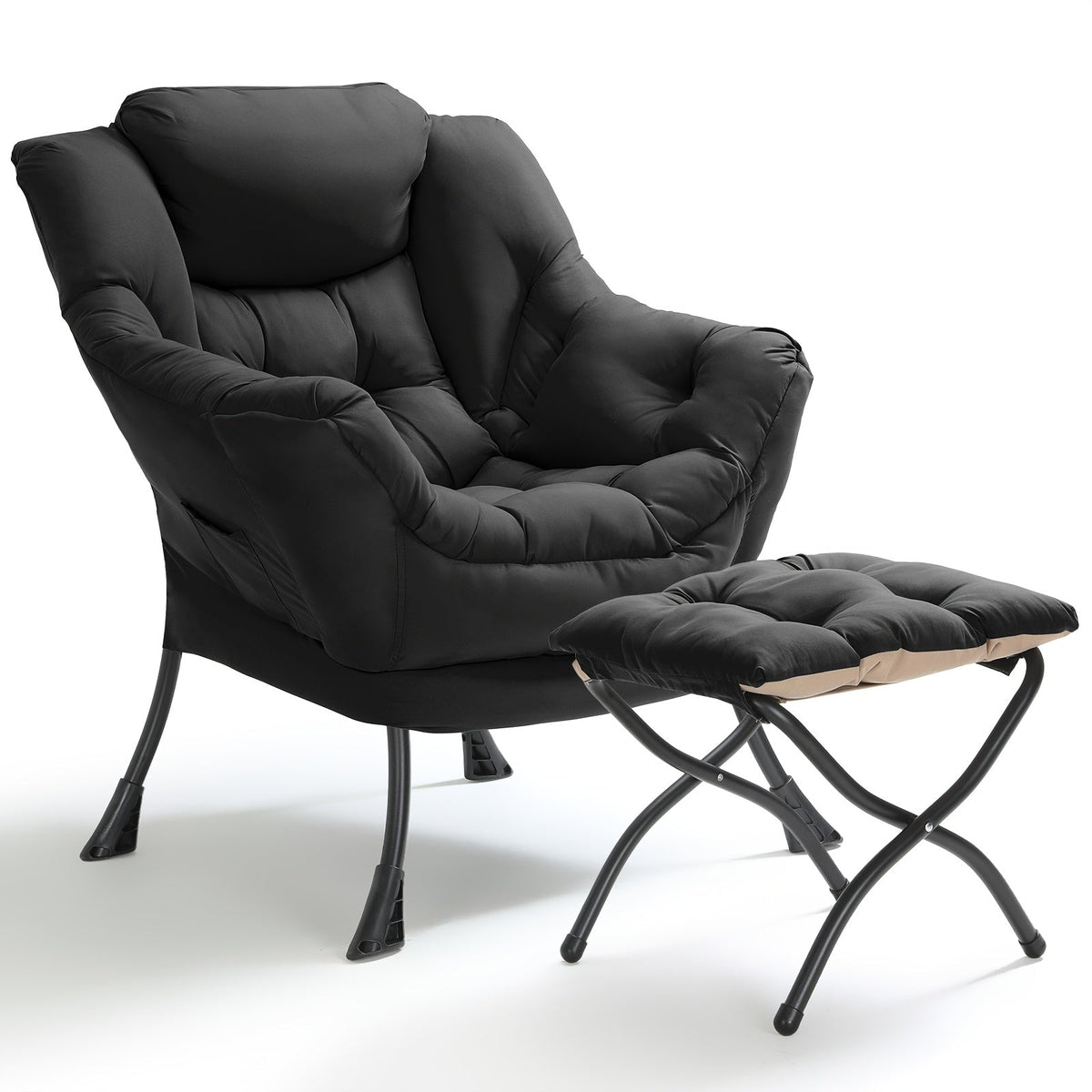 Lazy Chair with Foldable Ottoman, Modern Comfy Lounge Chair, Large Sofa Armchair with Footrest And A Side Pocket, Leisure Reading Chair with Footstool for Bedroom, Living Room, Dorm, Black, Bedroom Seating, Dorm Room Furnitur SS69 103.69 Black