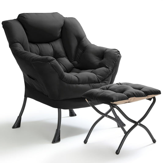 Lazy Chair with Foldable Ottoman, Modern Comfy Lounge Chair, Large Sofa Armchair with Footrest And A Side Pocket, Leisure Reading Chair with Footstool for Bedroom, Living Room, Dorm, Black, Bedroom Seating, Dorm Room Furnitur SS69 103.69 Black