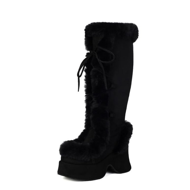 Women's Y2K Goth Boots/Faux Fur Knee-High Platform Winter/Chunky Heel & Lace-Up Closure/Warm Pink Furry Collar/Square Toe/Thick Rubber Sole & PU Cover/Cozy Snow Boots for Christmas, Parties & Casual Attire/Cold Weather Footwe