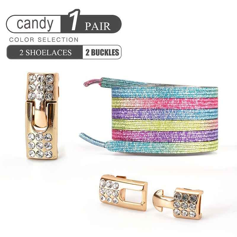 1pair Free-Tie Shoelaces With Rhinestone Buckles, Fashion Elastic Lazy Shoelaces For Sneakers Canvas Shoes Skate Shoes, Women & Men