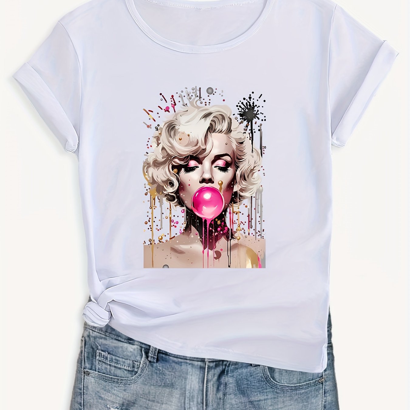 180g Women's Casual Crew Neck Short Sleeve T-Shirt, 100% Knit Fabric, All - Season Comfort Fit with Bold Pop Art Graphic Print, Round Neck Athletic Top for Adults, Everyday Tshirt | Artistic Fashion | Machine Washable, Ladies T - SS69