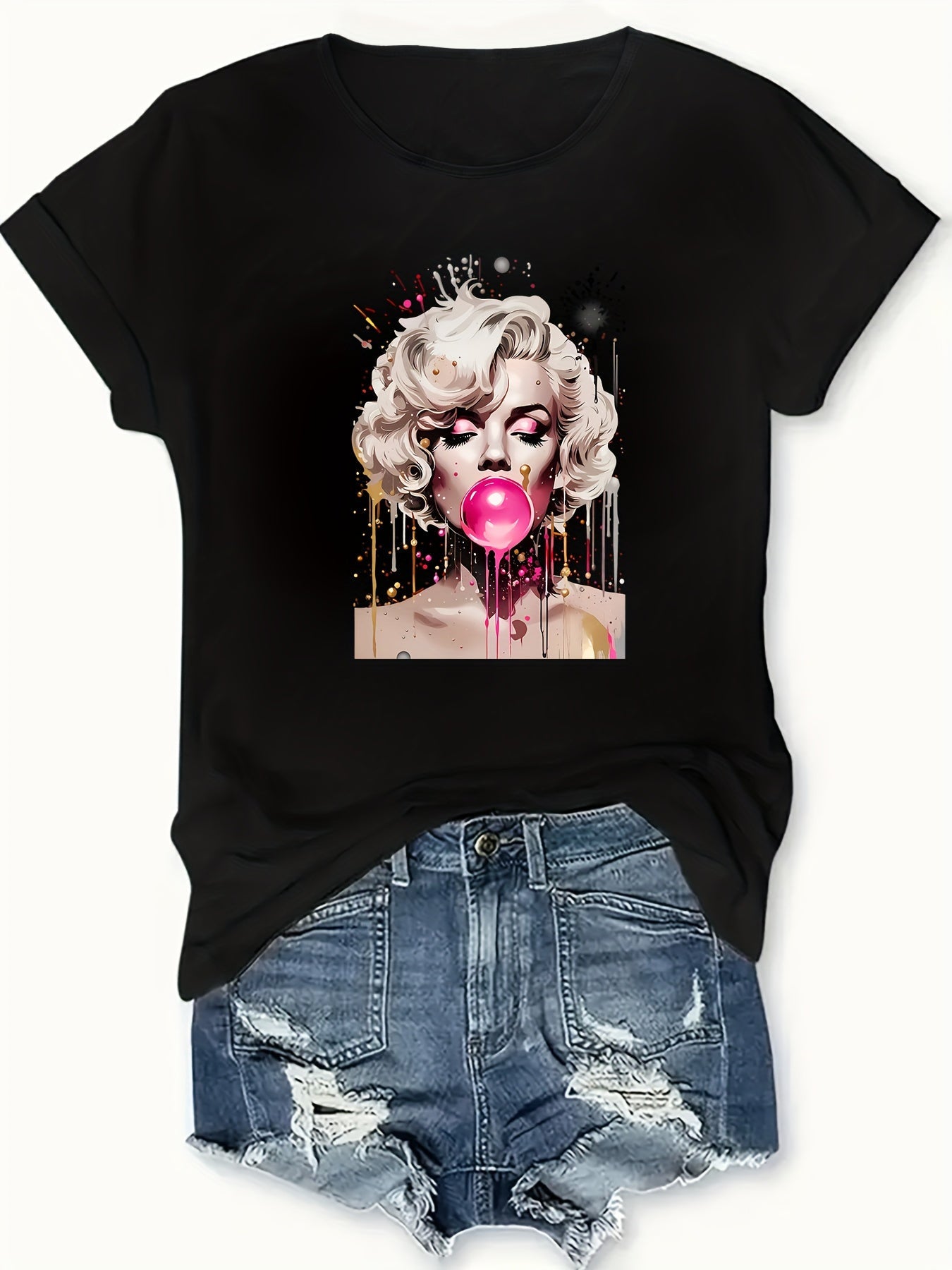 180g Women's Casual Crew Neck Short Sleeve T-Shirt, 100% Knit Fabric, All - Season Comfort Fit with Bold Pop Art Graphic Print, Round Neck Athletic Top for Adults, Everyday Tshirt | Artistic Fashion | Machine Washable, Ladies T - SS69