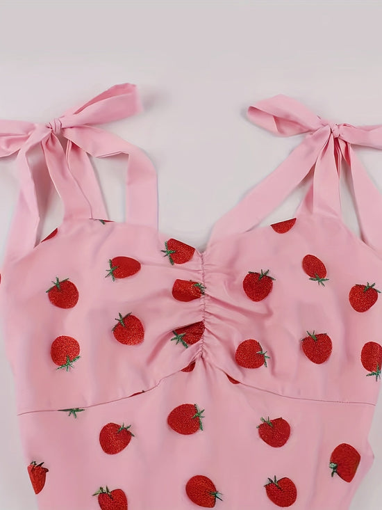 Women's 1950s Retro Vintage Dress Adjustable Spaghetti Straps Mesh Strawberry Swing Dress Cocktail Dress SS69