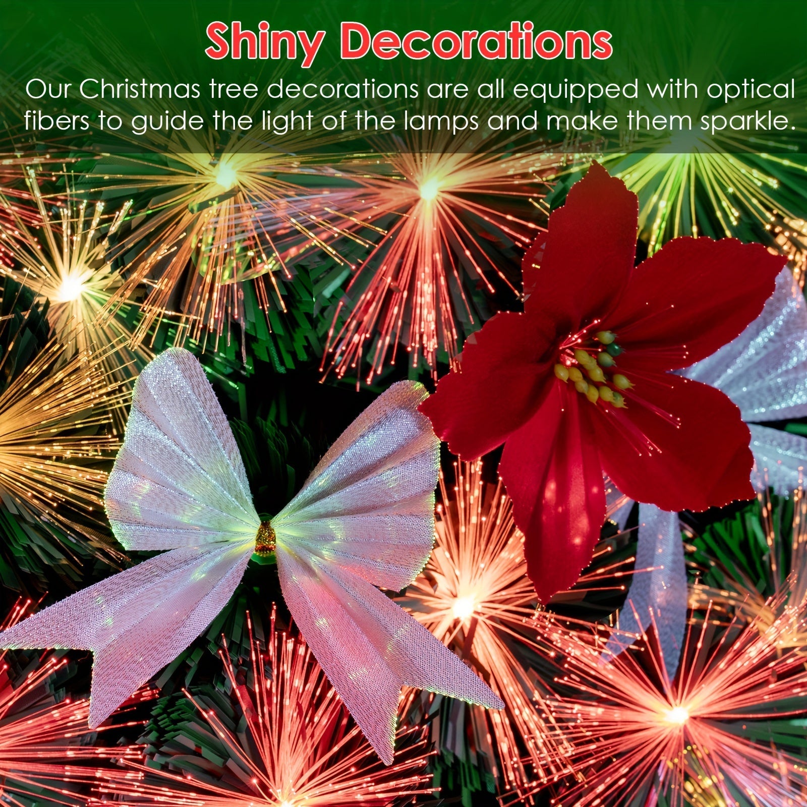 Pre-lit Christmas Tree, Fiber Optic Pre-lit Christmas Tree With Artificial Flowers And Bows, Multi-color Changing LED Lights, Starlight On Top, For Home Decoration, Holiday Party SS69