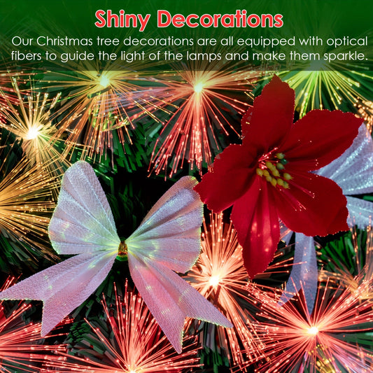 Pre-lit Christmas Tree, Fiber Optic Pre-lit Christmas Tree With Artificial Flowers And Bows, Multi-color Changing LED Lights, Starlight On Top, For Home Decoration, Holiday Party SS69