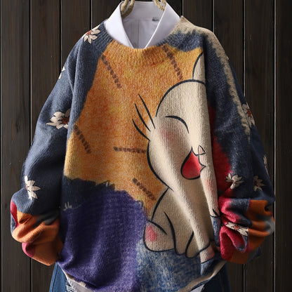 Valentine's Day Women's Mink Sweater - Cat Cartoon, White Flower Pattern, Casual Round Neck Long Sleeve Top SS69 26.69 Colorblock / XXL