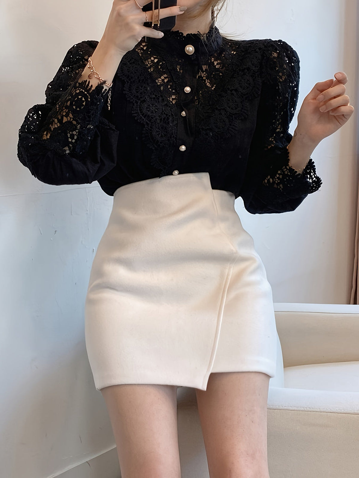 [Pearl Button Blouse] Pearl Button Elegant Victorian-Inspired Lace Blouse - Long Sleeve Mock Neck Green Polyester Pleated Design for Women, Perfect for Halloween Cosplay & Gothic Fashion SS69