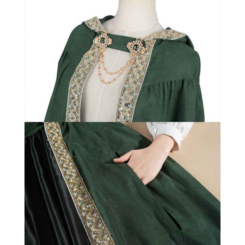 Medieval-Style Hooded Cape Costume, Celtic Knot & Satin Trim, Adjustable Tie-Front Closure, Renaissance Faire Outfit for Renaissance Festival Cosplay Themed Parties, Beige Pink Dark Green Burgundy