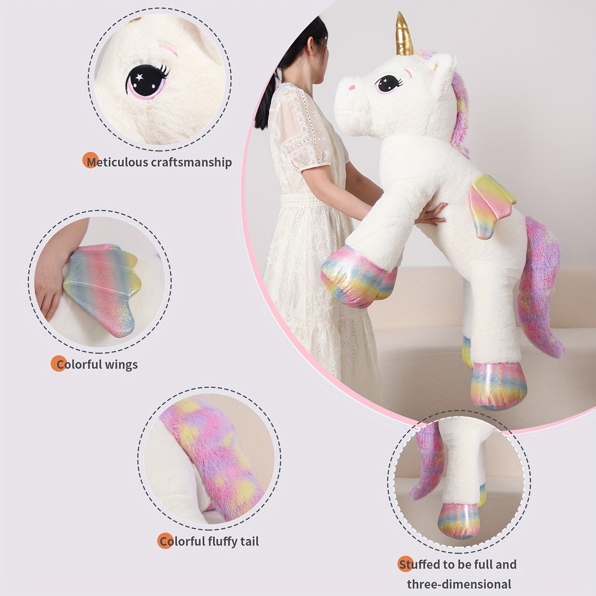 Giant Unicorn Plush Toy, White Soft & Cuddly Stuffed Animal with Rainbow Mane, Playful Design, Perfect Birthday Christmas or Halloween Gift for Youngsters Girlfriend or Boys, 44